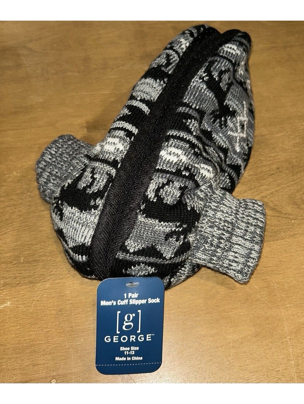 Men’s George Fuzzy Cuff Slipper Socks with Grippers, Non-Slip Size 11-13